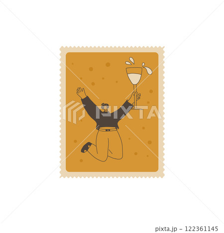 Wine lover on postal stamp. Tasting event square zigzag edges emblem. Party with alcohol drinks. Person with wineglass visit a vineyard. Vector hand drawn doodle illustration Wine lover on postal stamp. Tasting event square zigzag edges emblem. Party with alcohol drinks. Person with wineglass visit a vineyard. Vector hand drawn doodle illustration 122361145