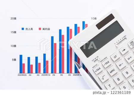 会社の業績グラフと電卓 122361189
