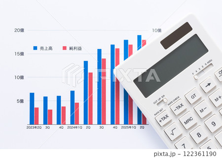 会社の業績グラフと電卓 122361190