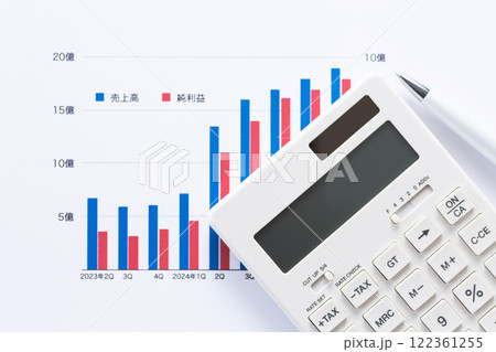 会社の業績グラフと電卓 122361255