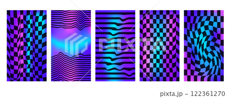 Checkerboard neon background set. Psychedelic checker gradient posters templates. Surreal chessboard with distorted grid and stripes. Y2k vertical textures. Vector geometric wavy mosaic backdrops. 122361270