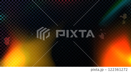 Old photo light leak overlay effect with colorful gradient. Camera film filter. Abstract retro lens flare effect on transparent background. Texture with dust and bokeh noise. Blur vector backdrop. 122361272