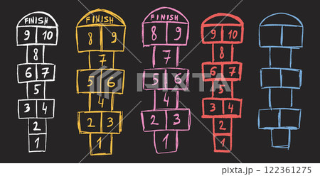 Hopscotch games chalk drawn set isolated on dark background. Children playground outdoor entertainment. Vector colorful wax crayon handwritten illustration 122361275