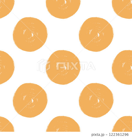 Polka dots yellow abstract seamless pattern marker drawn. Circular spots allover background. Round brush blobs repeat cover. Scribble painted elements. Vector surface design festive motif. 122361296