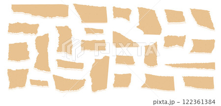 Set of torn edges papers. Tear sheets pieces pack. Jagged freeform templates. Collage elements. Ripped blank pages. Vector hand drawn flat collection illustration isolated on white background 122361384