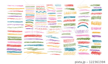 Crayon underline set. Pencil scribble lines pack. Vector hand drawn brush stroke collection illustration isolated on white background. Kids highlights handwritten shape elements. Chalk emphasis figure Crayon underline set. Pencil scribble lines pack. Vector hand drawn brush stroke collection illustration isolated on white background. Kids highlights handwritten shape elements. Chalk emphasis figure 122361394