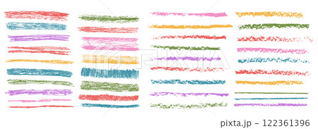 Crayon underline set. Pencil straight scribble lines pack. Vector hand drawn multi colors brush stroke collection illustration isolated on white background. Kids highlights handwritten shape elements 122361396