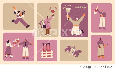 Wine drink people on bento grid box background. Tasting event on modular mosaic grid. Party with alcohol drinks. Women and men with wineglasses visit a vineyard. Geometric vector flat illustration 122361402