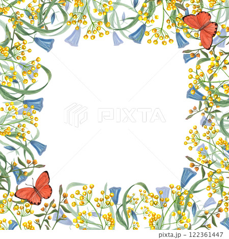 Blooming stylized meadow yellow, blue flowers with flying orange butterflies square frame. Floral illustration with empty space for text. For birthday greeting, cards design, wedding invitation Blooming stylized meadow yellow, blue flowers with flying orange butterflies square frame. Floral illustration with empty space for text. For birthday greeting, cards design, wedding invitation 122361447
