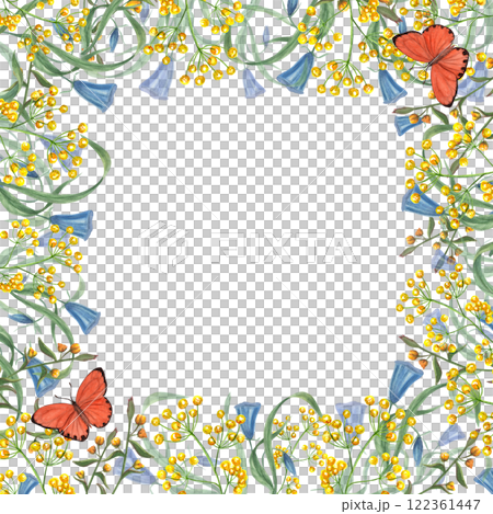 Blooming stylized meadow yellow, blue flowers with flying orange butterflies square frame. Floral illustration with empty space for text. For birthday greeting, cards design, wedding invitation Blooming stylized meadow yellow, blue flowers with flying orange butterflies square frame. Floral illustration with empty space for text. For birthday greeting, cards design, wedding invitation 122361447
