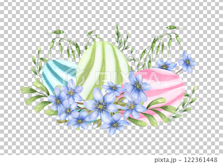 Watercolor striped easter eggs, spring blue primrose, meadow spikelet, herbs illustration. Hand painting floral composition in pastel colors for poster, invitation, holiday greeting cards Watercolor striped easter eggs, spring blue primrose, meadow spikelet, herbs illustration. Hand painting floral composition in pastel colors for poster, invitation, holiday greeting cards 122361448