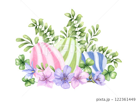Watercolor striped easter eggs in pastel colors, spring blue, pink flowers, meadow herbs illustration isolated background. Hand painting floral composition for holiday invitation, greeting cards. 122361449
