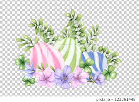Watercolor striped easter eggs in pastel colors, spring blue, pink flowers, meadow herbs illustration isolated background. Hand painting floral composition for holiday invitation, greeting cards. 122361449