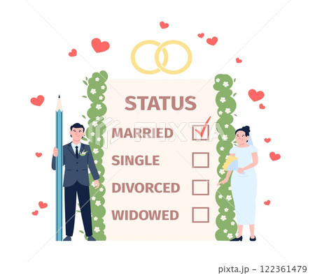 Marital status concept. Young couple change social status, just married characters. Newlyweds, groom and bride. New family recent vector scene 122361479
