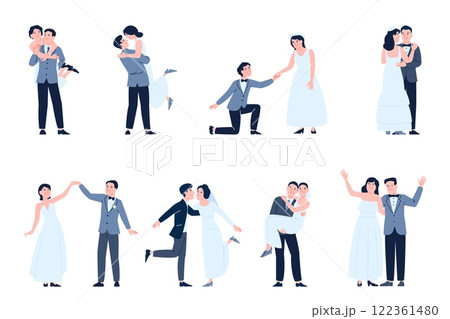 Wedding ceremony characters. Marriage process, newlyweds wear official outfits, dress and costume. Just married, couples in love, new family recent vector set 122361480