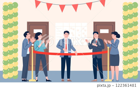 Opening ceremony. Owner boss cutting red ribbon on inauguration new office store building company. Managers team clapping, flat business recent vector scene Opening ceremony. Owner boss cutting red ribbon on inauguration new office store building company. Managers team clapping, flat business recent vector scene 122361481