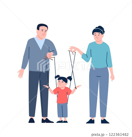 Parents manipulating child. Unhealthy parenthood, little girl on strings. Kid puppet doll of mom and dad, lack of separation, manipulators recent vector characters Parents manipulating child. Unhealthy parenthood, little girl on strings. Kid puppet doll of mom and dad, lack of separation, manipulators recent vector characters 122361482