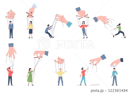 Freedom of manipulation. People puppets breaking strings and get free. Emancipation and independence men women with ropes, fight with control recent vector set 122361484