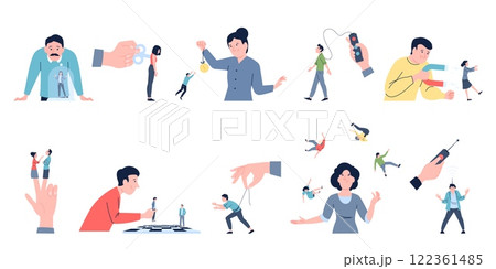 Control of people. Boss manipulators, work harassment and mental violence. Political plays of lives, money or relationship manipulations, recent vector set Control of people. Boss manipulators, work harassment and mental violence. Political plays of lives, money or relationship manipulations, recent vector set 122361485