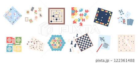 Family leisure board games. Chess monopoly puzzle cards. Isolated game for board and paper for adult and children freetime. Home fun recent vector set Family leisure board games. Chess monopoly puzzle cards. Isolated game for board and paper for adult and children freetime. Home fun recent vector set 122361488