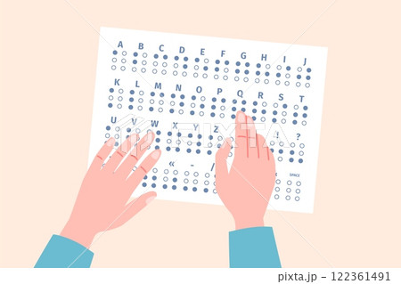 Blind person learning to read with fingers. Braille alphabet, tactile letters numbers ponctuation signs. Embossed symbols, recent vector poster Blind person learning to read with fingers. Braille alphabet, tactile letters numbers ponctuation signs. Embossed symbols, recent vector poster 122361491