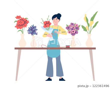 Young florist working with flowers. Woman doing floral bouquet, care at plants and branches. Small business, seller on market or workshop, recent vector scene 122361496