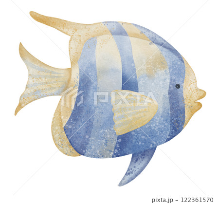 Tropical Fish watercolor illustration. Art of marine animal with blue and yellow stripes for childish greeting cards or invitation in nautical style. Drawing of ocean creature for baby wall art. Tropical Fish watercolor illustration. Art of marine animal with blue and yellow stripes for childish greeting cards or invitation in nautical style. Drawing of ocean creature for baby wall art. 122361570
