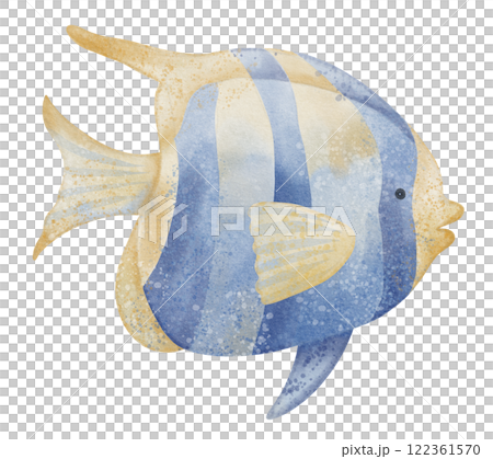 Tropical Fish watercolor illustration. Art of marine animal with blue and yellow stripes for childish greeting cards or invitation in nautical style. Drawing of ocean creature for baby wall art. Tropical Fish watercolor illustration. Art of marine animal with blue and yellow stripes for childish greeting cards or invitation in nautical style. Drawing of ocean creature for baby wall art. 122361570
