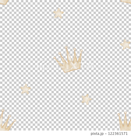Seamless Pattern with golden Crowns and Stars. Watercolor illustration for baby shower designs, childish textile or kids wallpapers. Cute background for little girl or nursery wall art. 122361571