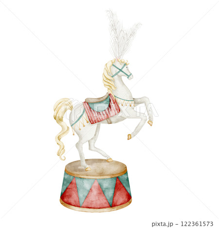 White Circus Horse with a feathers headdress on pedestal. Watercolor illustration of animal for Carnival performances on isolated background. Drawing for festival design or childish greeting cards. White Circus Horse with a feathers headdress on pedestal. Watercolor illustration of animal for Carnival performances on isolated background. Drawing for festival design or childish greeting cards. 122361573
