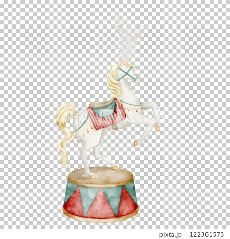 White Circus Horse with a feathers headdress on pedestal. Watercolor illustration of animal for Carnival performances on isolated background. Drawing for festival design or childish greeting cards. White Circus Horse with a feathers headdress on pedestal. Watercolor illustration of animal for Carnival performances on isolated background. Drawing for festival design or childish greeting cards. 122361573