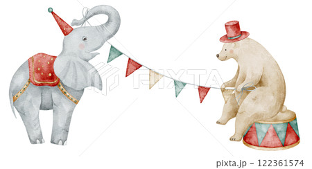 Watercolor illustration of Circus elephant and a bear holding a colorful garland. Drawing of Carnival animals for Baby shower greeting cards or childish invitations. Art for performance greeting cards Watercolor illustration of Circus elephant and a bear holding a colorful garland. Drawing of Carnival animals for Baby shower greeting cards or childish invitations. Art for performance greeting cards 122361574