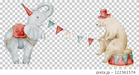 Watercolor illustration of Circus elephant and a bear holding a colorful garland. Drawing of Carnival animals for Baby shower greeting cards or childish invitations. Art for performance greeting cards Watercolor illustration of Circus elephant and a bear holding a colorful garland. Drawing of Carnival animals for Baby shower greeting cards or childish invitations. Art for performance greeting cards 122361574