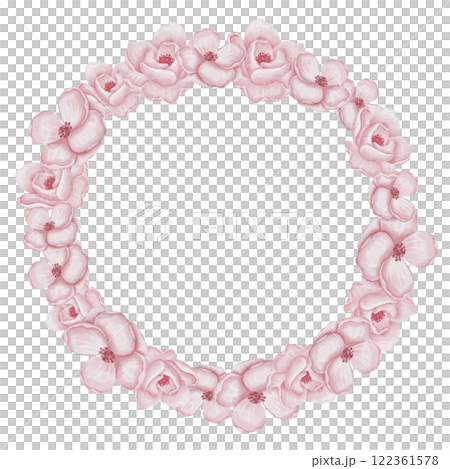 Watercolor floral wreath with pink Flowers and green leaves. Circular frame for wedding invitations or childish greeting cards. Botanical background in pastel colors for arrangement template. 122361578