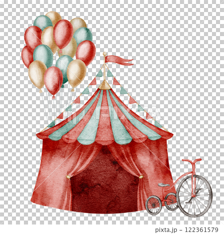 Watercolor illustration of Circus Tent with a tricycle and balloons. Drawing of Carnival big top for festival posters or childish birthday invitations. Art with cart for vintage performance cards. 122361579