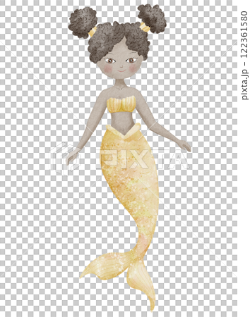 Watercolor illustration of dark skinned Mermaid with golden yellow tail and curly black hair for baby shower invitations or girls nursery wall art. Drawing of sea creature for kids greeting cards. 122361580