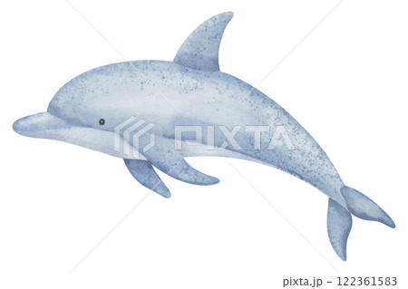 Dolphin watercolor illustration in pastel blue colors. Drawing of flippered mammal marine animal for childish greeting cards or baby invitations. Art of Porpoise for nursery wall art 122361583