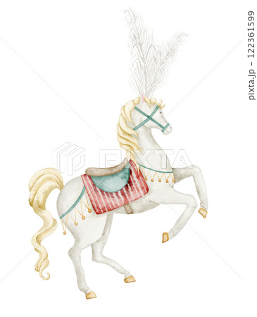 White Circus Horse with a feathers headdress. Watercolor illustration of animal for Carnival performances on isolated background. Drawing for festival design or childish greeting cards. White Circus Horse with a feathers headdress. Watercolor illustration of animal for Carnival performances on isolated background. Drawing for festival design or childish greeting cards. 122361599