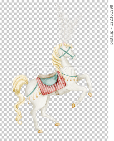 White Circus Horse with a feathers headdress. Watercolor illustration of animal for Carnival performances on isolated background. Drawing for festival design or childish greeting cards. White Circus Horse with a feathers headdress. Watercolor illustration of animal for Carnival performances on isolated background. Drawing for festival design or childish greeting cards. 122361599