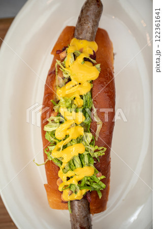 Portion of gourmet american hotdog with sauce Portion of gourmet american hotdog with sauce 122361641