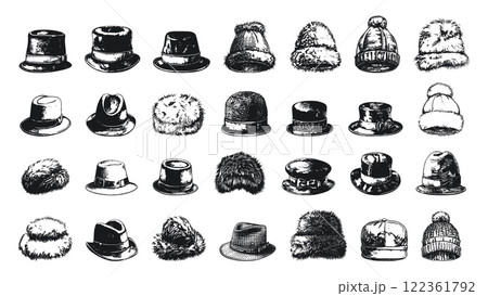Fur Hats Vector Icons Ink Style On White Background Winter Headgear Cold Weather Accessories Stylish Warm Headwear Fashionable Hand-Drawn Cozy Winter Accessories Icons 122361792