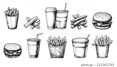 French Fries Cardboard Cup Of Lemonade And A Burger Street Fastfood Hand Drawn Illustrations Set On White Background Artwork Creative Icons Classic Street Food Collection Artistic 122361793