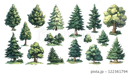 Forest Trees Vector Icons Cartoon Style White Background Stylized Illustrations Nature Icons Creative Design Playful Modern Graphics Environmental Illustrations Fun and Whimsical 122361794