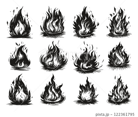 Flame And Fire Hand Drawn Illustrations Set On White Background Unique Artwork Creative Design Fire Symbols Burning Elements Collection Artistic Visuals Hand-Drawn Dynamic Heat 122361795
