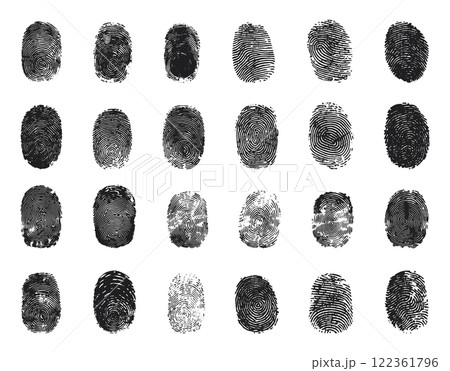 fingerprint icons set hand-drawn ink pen style various identity recognition shapes human prints personal security crime scene forensic science detective law enforcement symbols 122361796