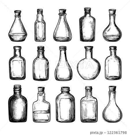 Empty Glass Bottles Hand Drawn Illustrations Set On White Background Unique Artwork Creative Design Bottle Icons Transparent Containers Collection Hand-Drawn Clear Glassware 122361798