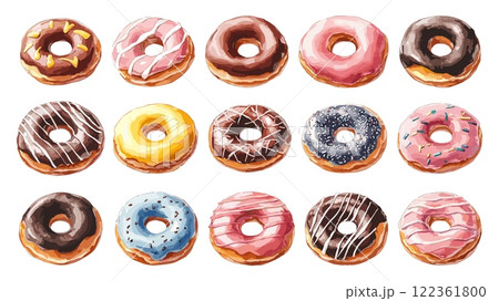 Donuts Sweet Treats Illustrations Colorful Donut Designs Hand-Drawn Pastry Icons Watercolor Style Sweet Desserts Variations Delicious Pastry Illustrations Sweet Bakery Icons 122361800