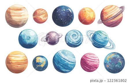 Different Planets Watercolor Set Modern Technique Illustration On White Unique Artwork Creative Design Decorative Elements Artistic Visuals Modern Graphics Distinctive Art 122361802