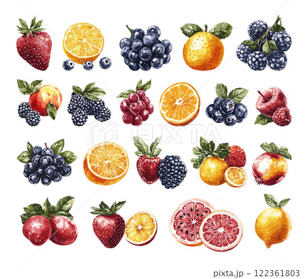 Different Fruits Set Modern Technique Illustration On White Unique Artwork Decorative Elements Artistic Visuals Modern Graphics Distinctive Art Style Fruit Variety Collection Fresh 122361803