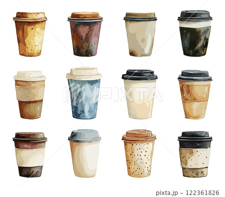 Coffee To Go Cups Set Modern Watercolor Technique Illustration On White Unique Artwork Creative Design Coffee Decorative Elements Artistic Visuals Modern Graphics Distinctive Art 122361826